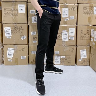 薄款 弹力男裤 夏季 抽绳松紧带刺绣黑色休闲裤 修身 男士 小脚裤
