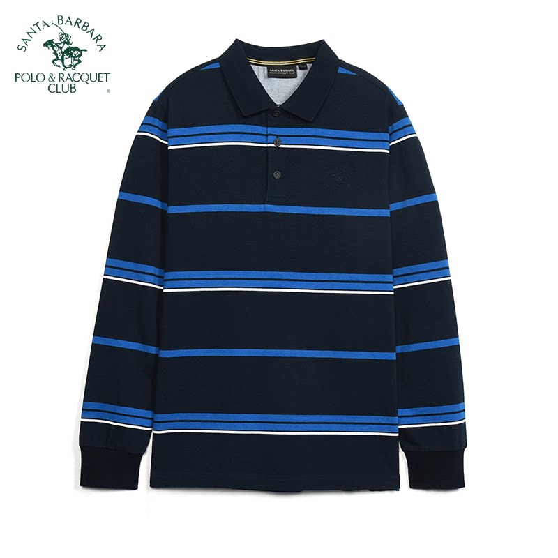 POLO圣大保罗男士秋冬季上衣厚款修身休闲纯棉条纹翻领长袖T恤衫