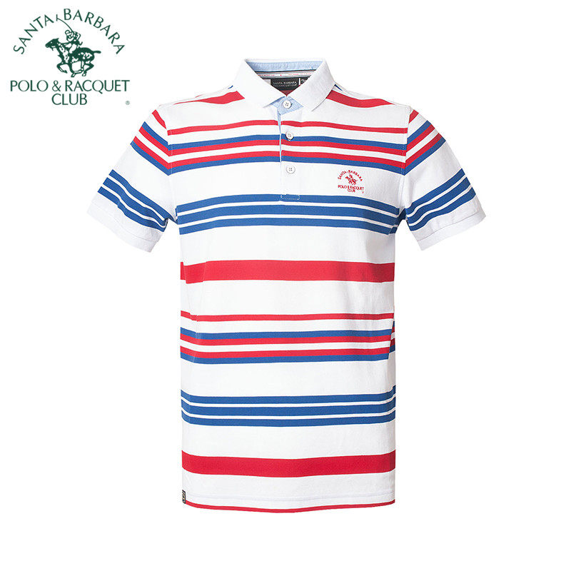 圣大保罗高端男装夏季休闲修身横条纹短袖翻领纯棉T恤男士POLO衫