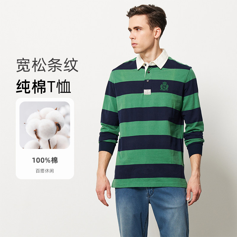 圣大保罗男士商务休闲宽松大码条纹长袖T恤POLO衫春夏薄款上衣