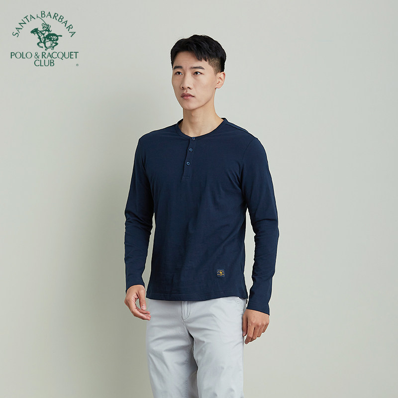 圣大保罗秋季新品男士长袖t恤商务休闲亨利领竹节棉纯棉打底衫
