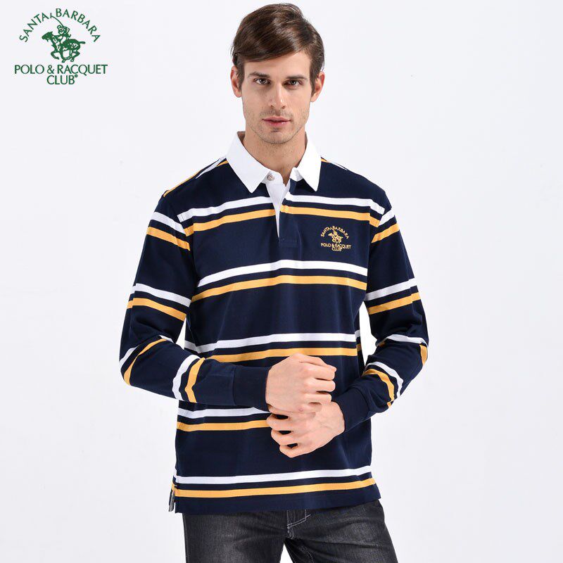 圣大保罗男装丝光纯棉条纹衬衫领宽松长袖男士T恤PS13KT005春夏款