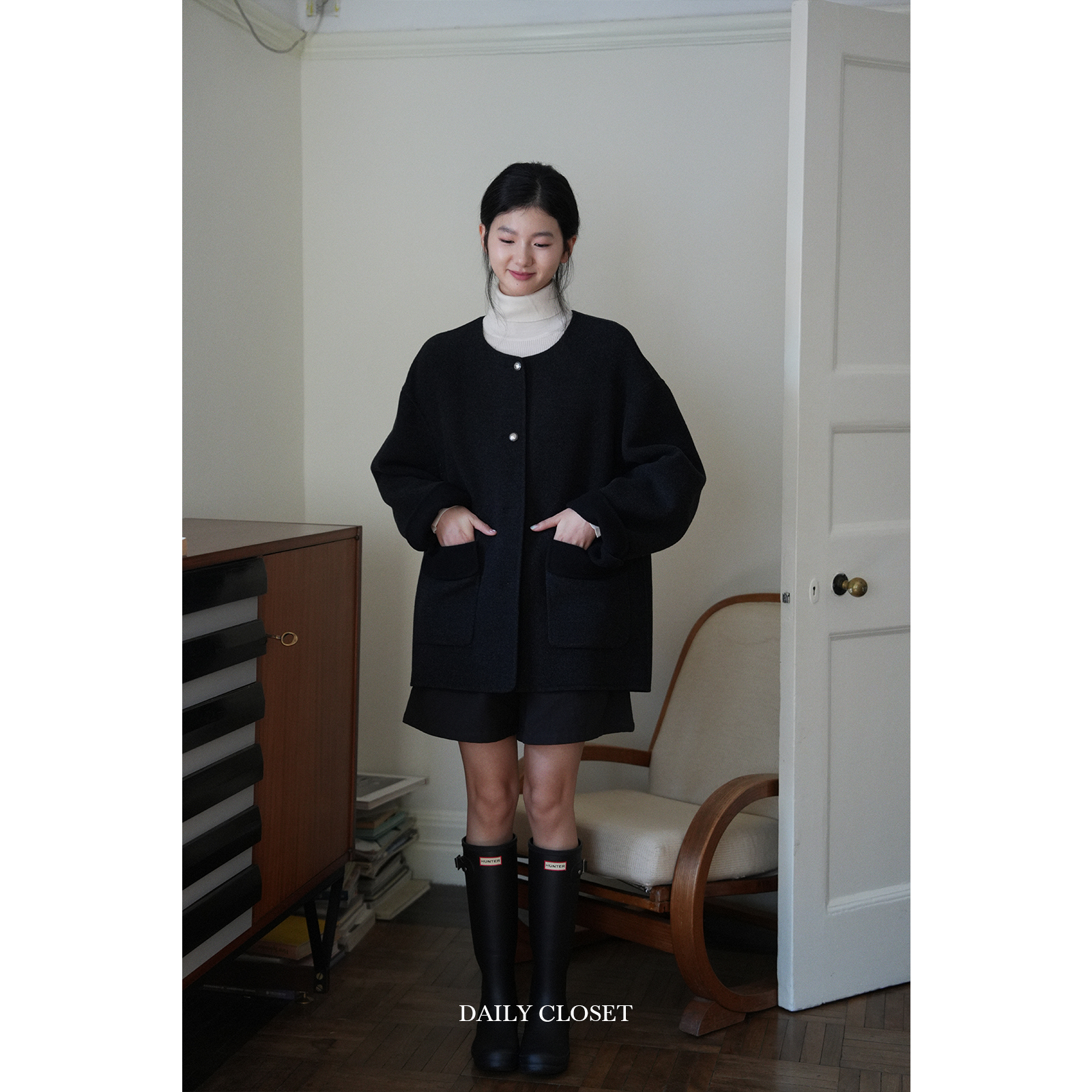 DAILYCLOSET自制 秋冬保暖双色羊毛双面呢大衣女短款圆领呢外套