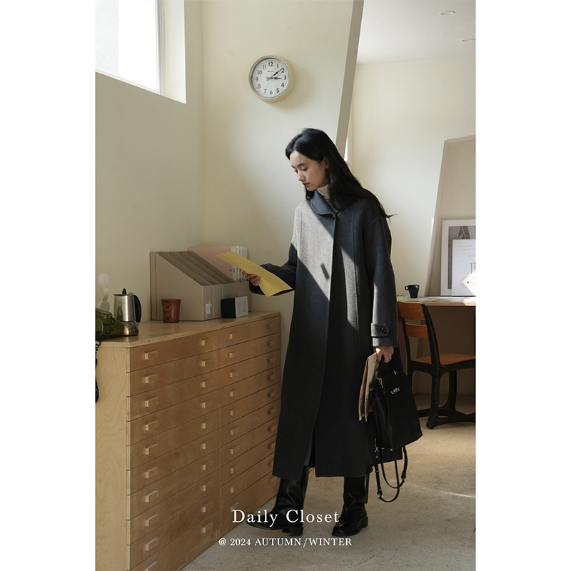 秋冬新品韩系复古气质翻领大衣系带收腰长款双面呢纯手工羊毛大衣