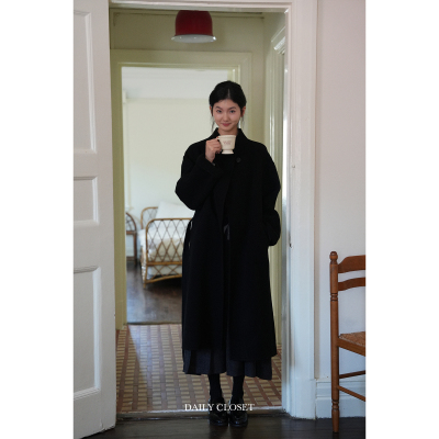 DAILYCLOSET自制 经典黑色气质通勤立领全羊毛长款大衣外套配腰带