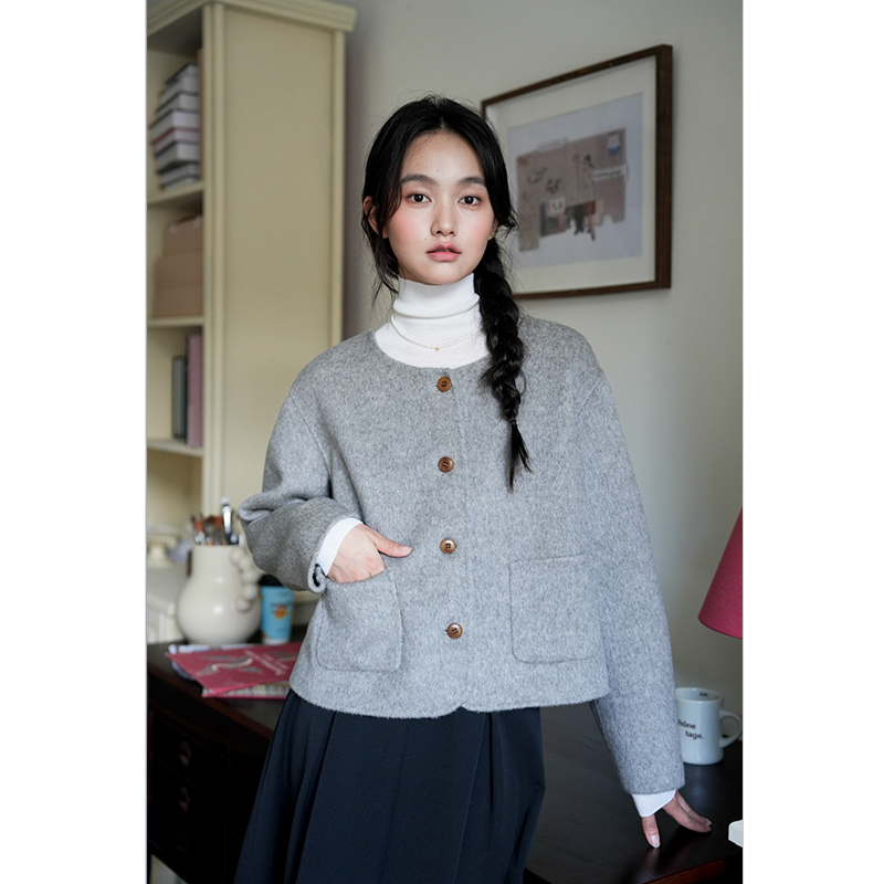 DailyCloset 高级双面纯羊毛大衣单排扣韩系简约短款呢外套女秋冬