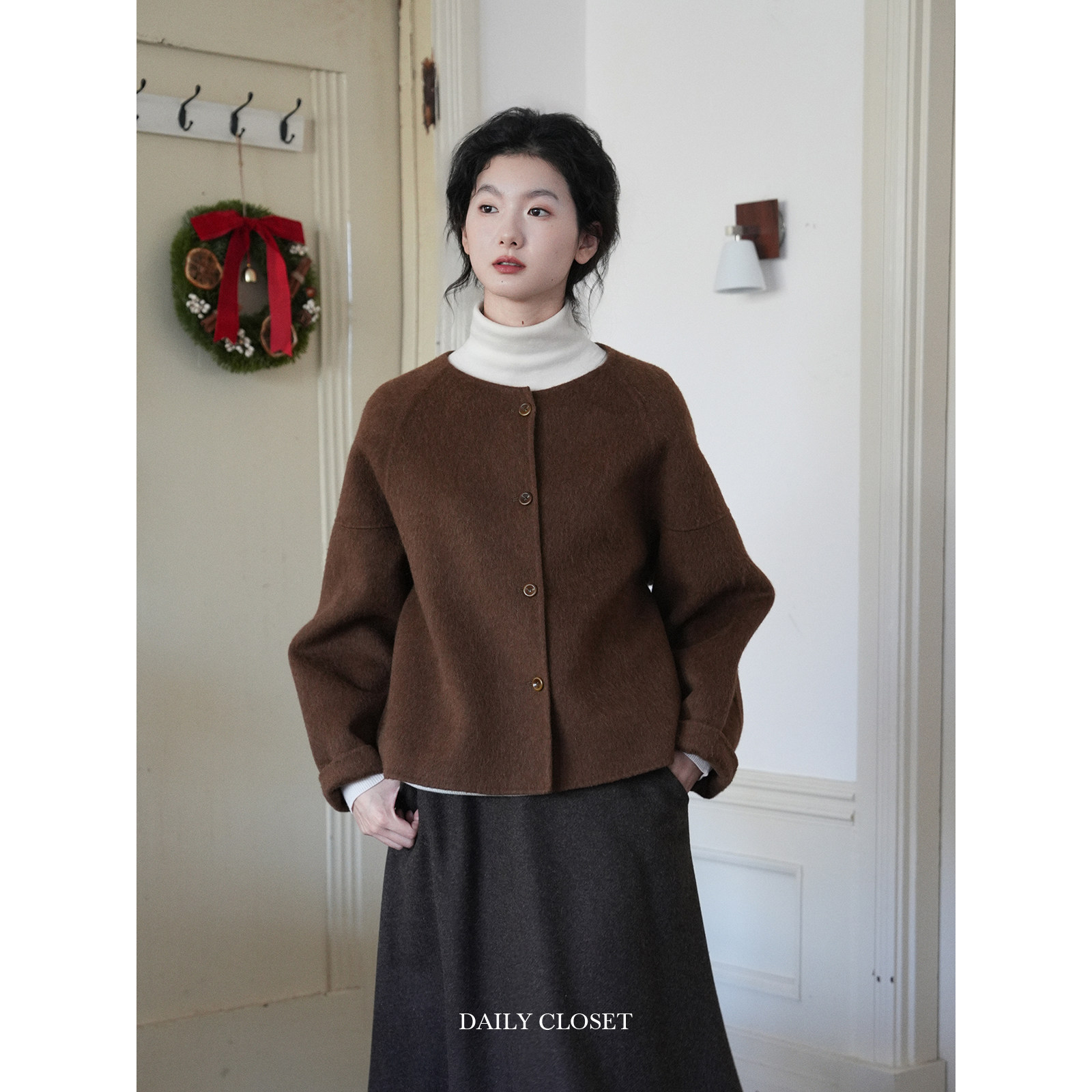 羊毛双面呢质感棕咖手工短外套