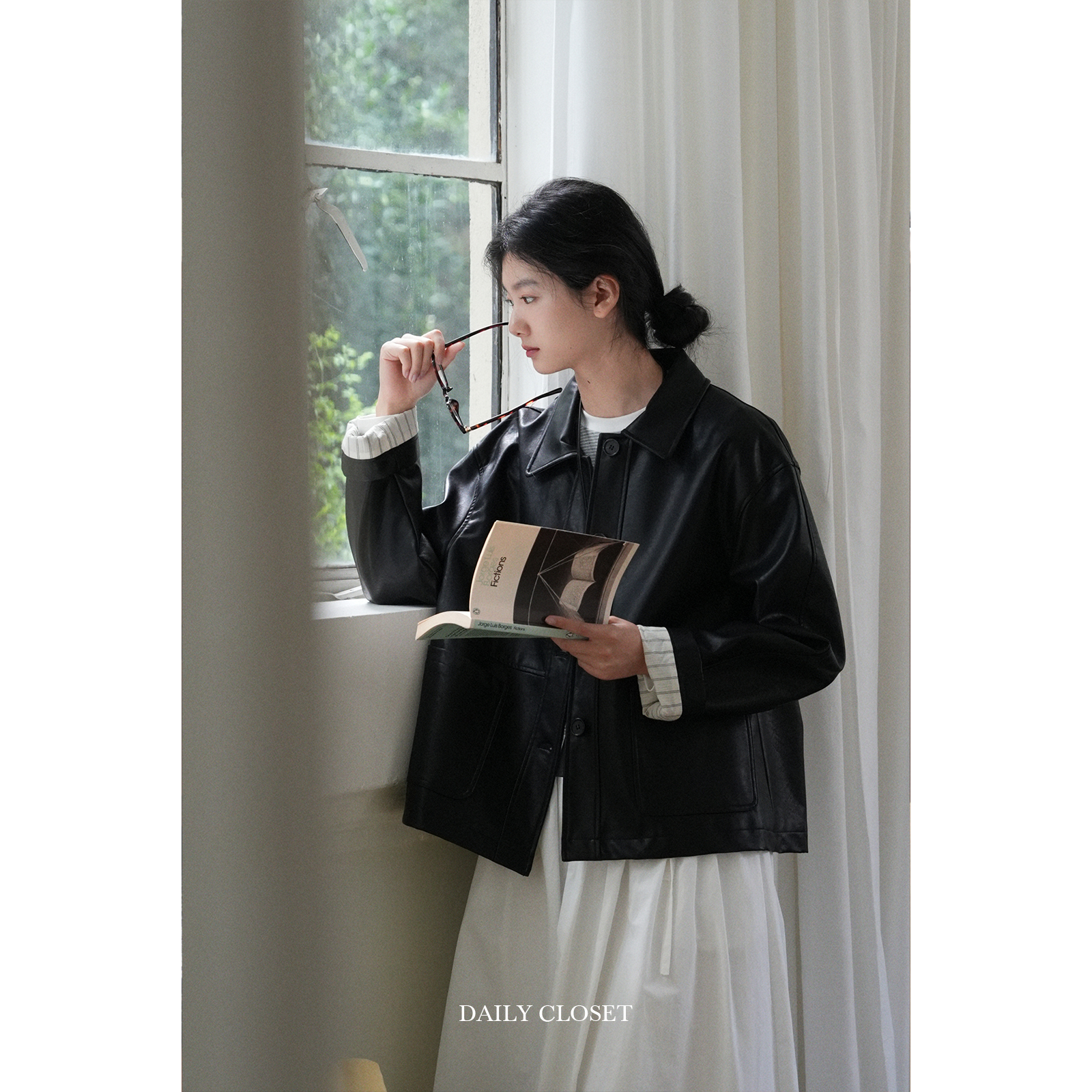 dailycloset 复古经典哑黑廓形环保pu皮衣复古短款秋冬外套女