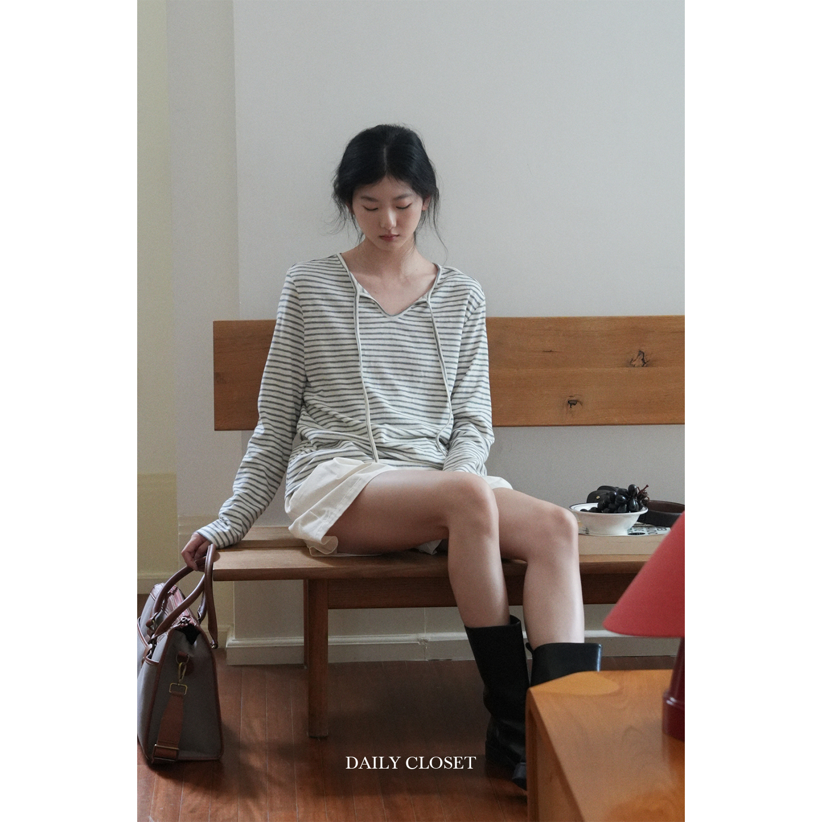 dailycloset 条纹女孩 新款全面假两件条纹卫衣女秋冬内搭长袖t