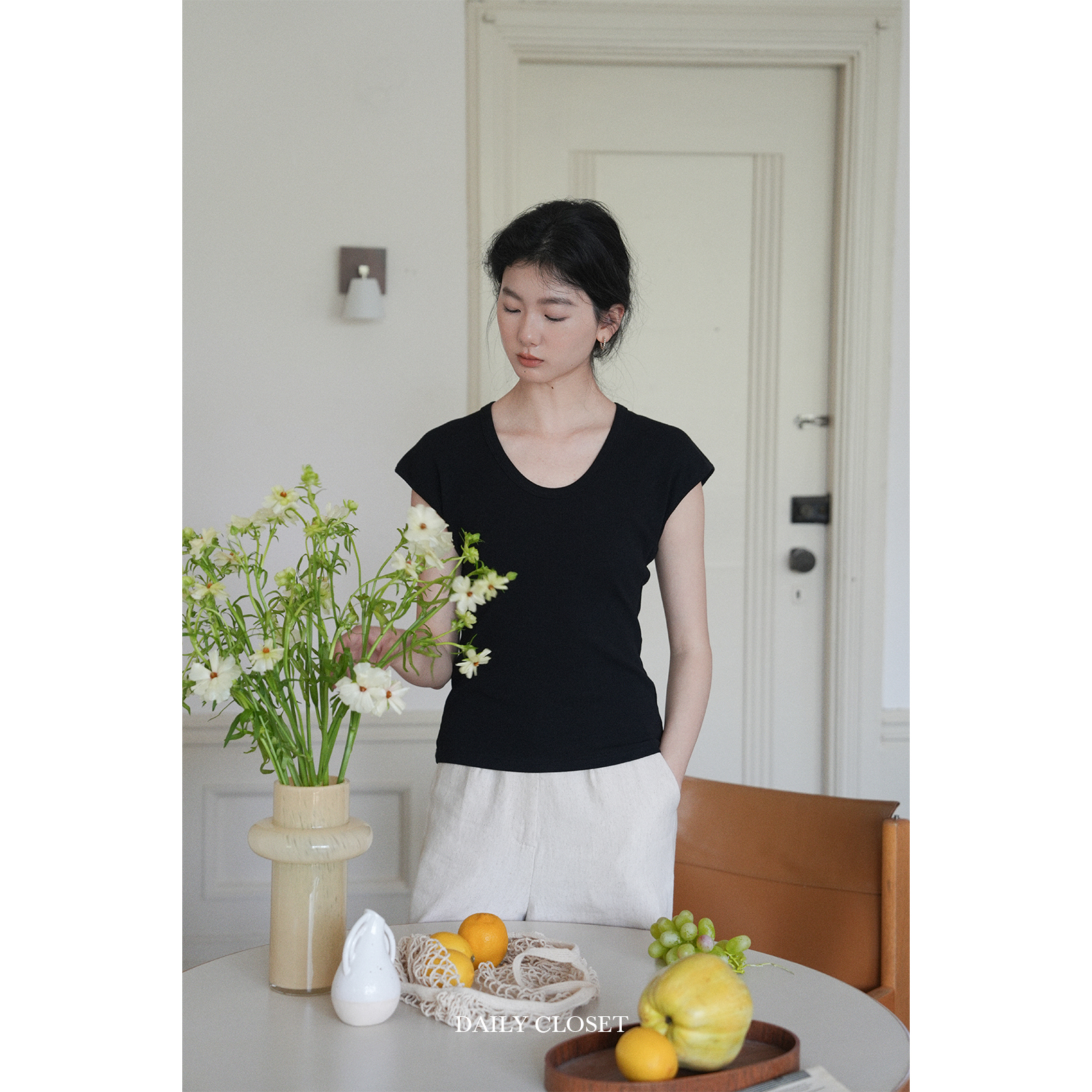 DAILY CLOSET 胶囊系列 u领弹力螺纹短袖小飞袖通勤舒适T恤