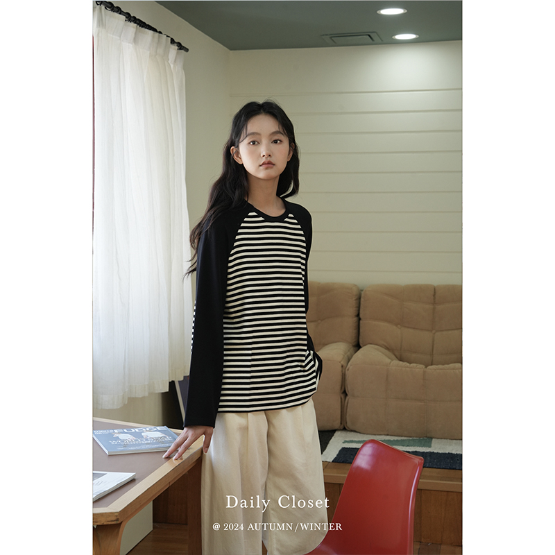 DAILY CLOSET磨毛德绒插肩黑白条纹长袖T恤外穿圆领减龄打底衫