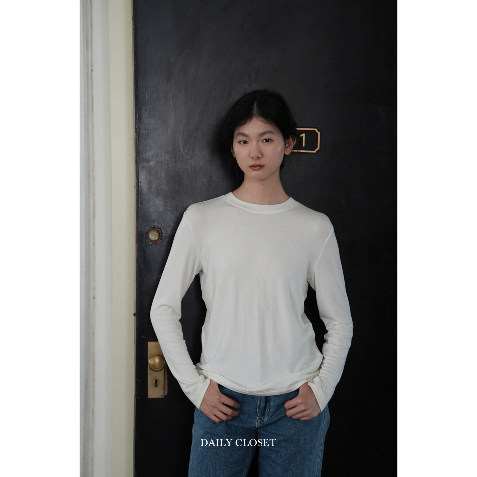 dailycloset软糯q弹 超柔软白色圆领基础打底衫秋冬长袖T恤内搭女