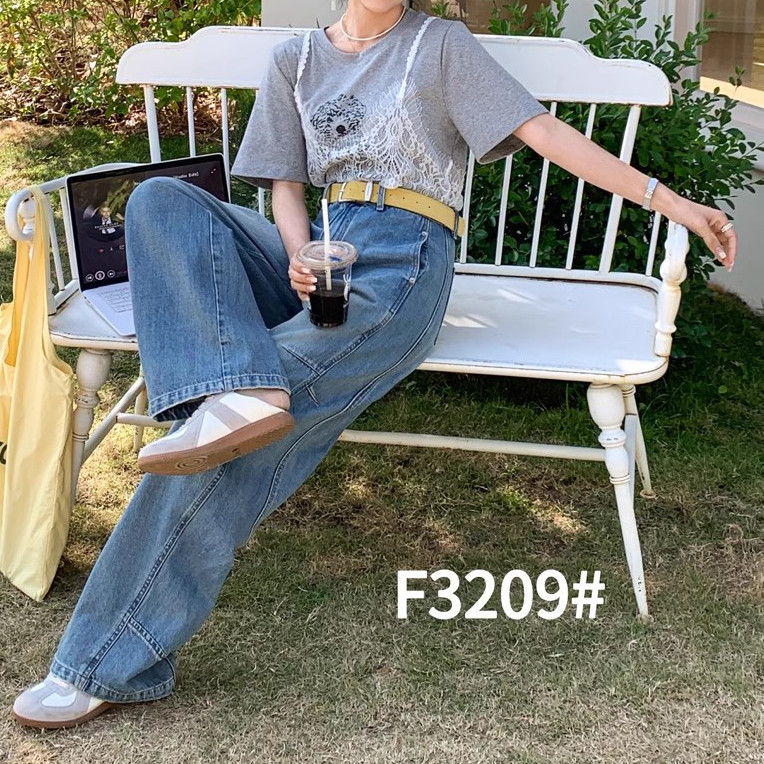 2025春新款千子F3209蓝色高腰牛仔裤镰刀裤弯刀裤女宽松阔腿裤潮