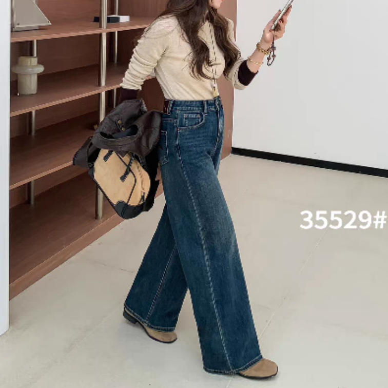 2025秋季新款千子35529深蓝时尚高腰弹力牛仔裤女宽松直筒阔腿裤