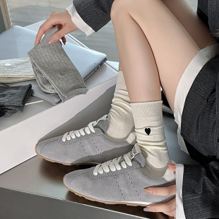 日系可爱卷边堆堆袜甜美爱心刺绣袜子简约黑灰色竖纹学院风中筒袜