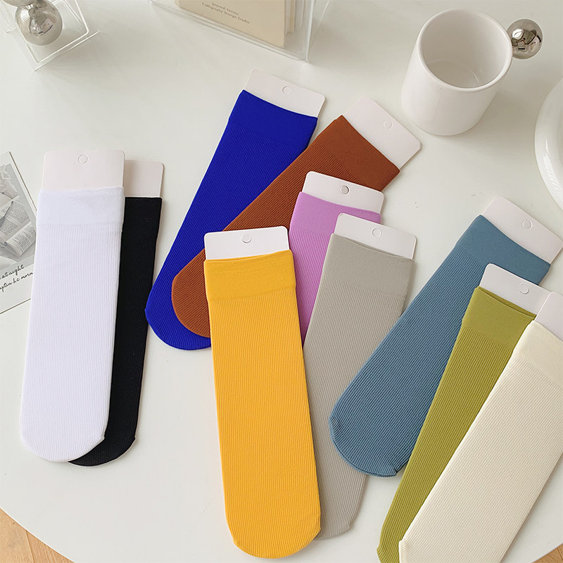 可爱百搭糖果色天鹅绒堆堆袜女生外穿凉鞋中筒袜春夏季薄款冰冰袜
