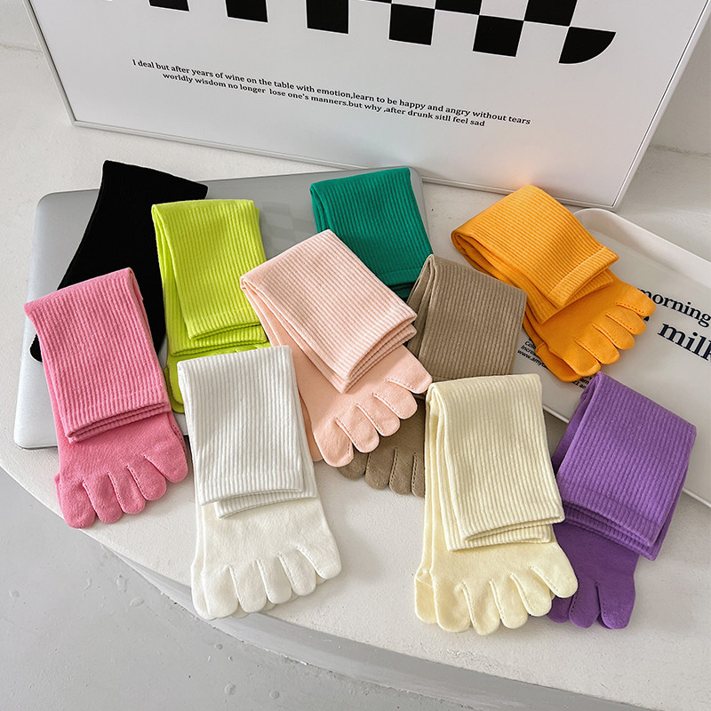 春秋季纯色分趾袜韩版潮流网红款糖果色中筒袜简约百搭女生五指袜