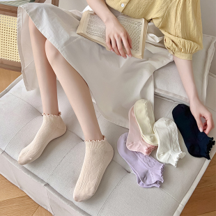 立体爱心纹船袜 奶油色木耳边袜子甜美可爱低帮学院风短筒袜春夏季