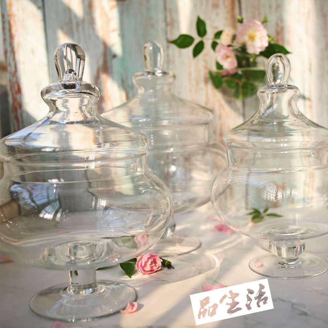 欧式玻璃糖果罐带盖高脚透明储物罐软装装饰糖缸橱窗婚庆家居摆件