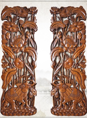 东阳木雕香樟木挂件工艺泰式木雕画玄关壁挂大象挂屏竖屏吉祥如意