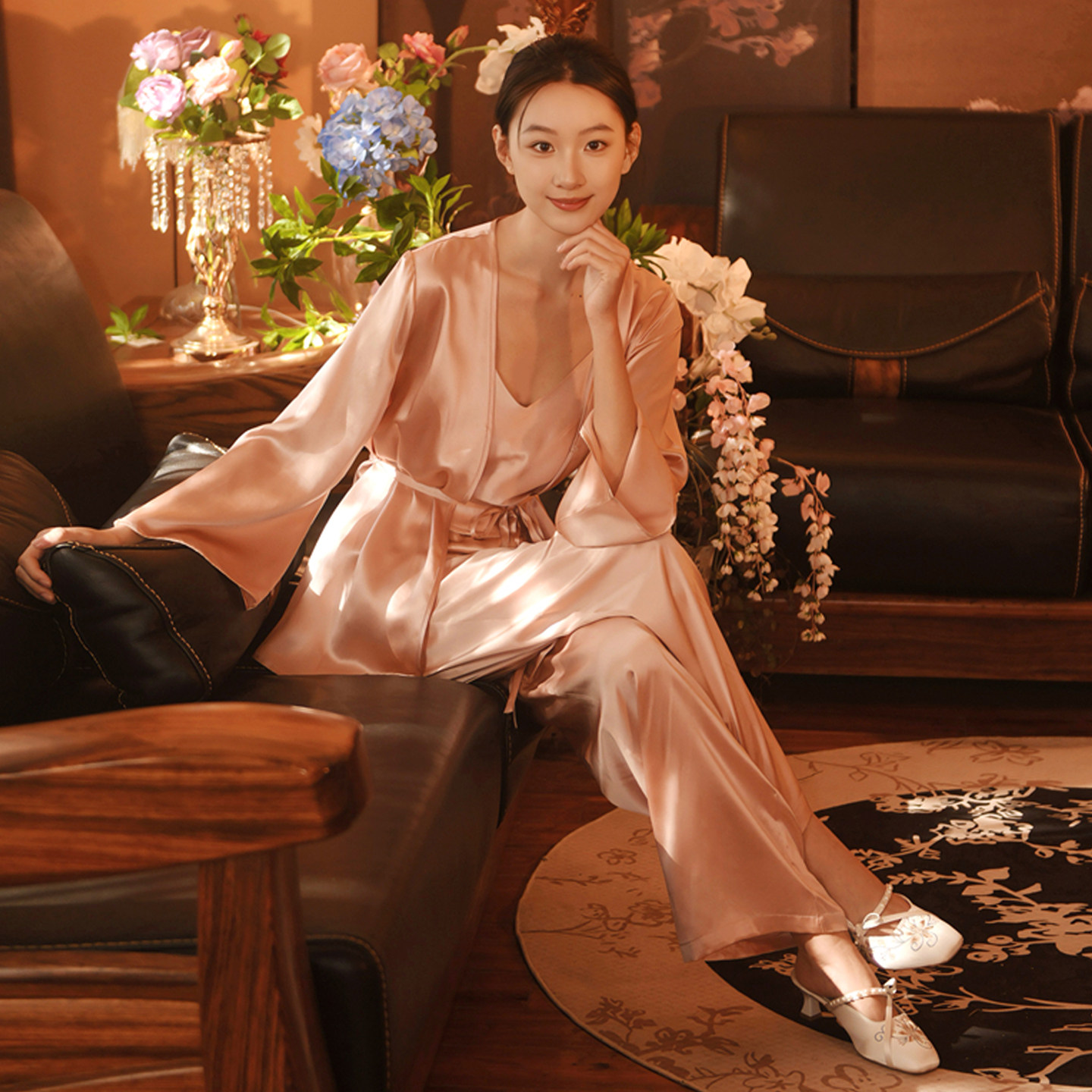 真丝上衣女桑蚕丝睡袍家居装晨袍法式上衣长裤套装V领高级感