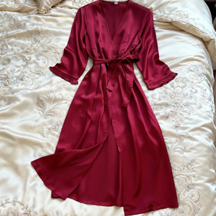 长袖 送腰封酒红长款 晨袍桑蚕真丝睡衣女真丝浴袍睡袍家居服装