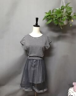 实拍 2023夏装韩版学院修身显瘦条纹连衣裙+网纱罩裙套装连衣裙