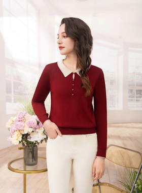 中年妈妈装女2025秋季新款长袖翻领遮肉气质上衣天丝毛衣22373