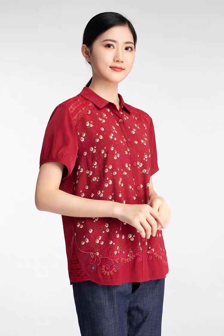 桑迪蕾丝衬衣女夏年轻妈妈时尚洋衬衫