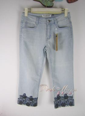 专柜正品saidian/赛典 春夏季钉珠中腰七分裤牛仔裤女 标齐