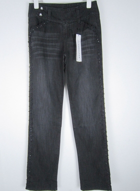 特价 saidian/赛典 春秋烫钻中腰蕾丝花边直筒牛仔裤女长裤 标齐