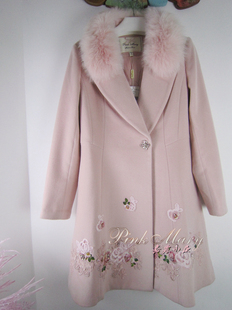 羊毛大衣女 pink 春秋狐狸毛领中长款 粉红玛琍 标齐 mary粉红玛丽
