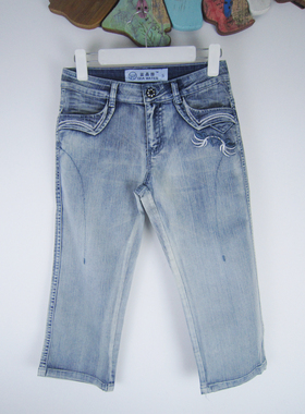 saidian/赛典旗下品牌蓝晶园 春夏全棉修身绣花中腰七分牛仔裤女