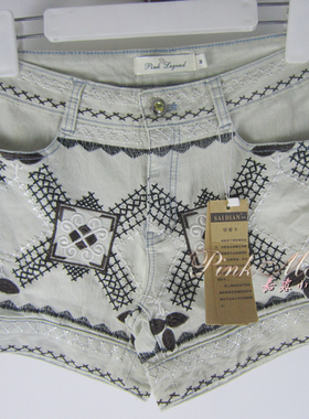 专柜正品saidian/赛典 夏加大码十字刺绣薄款牛仔短裤女 标齐XL