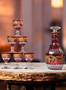 罕见中古款法国Saint Louis/圣路易Trianon系列红色鎏金水晶酒具