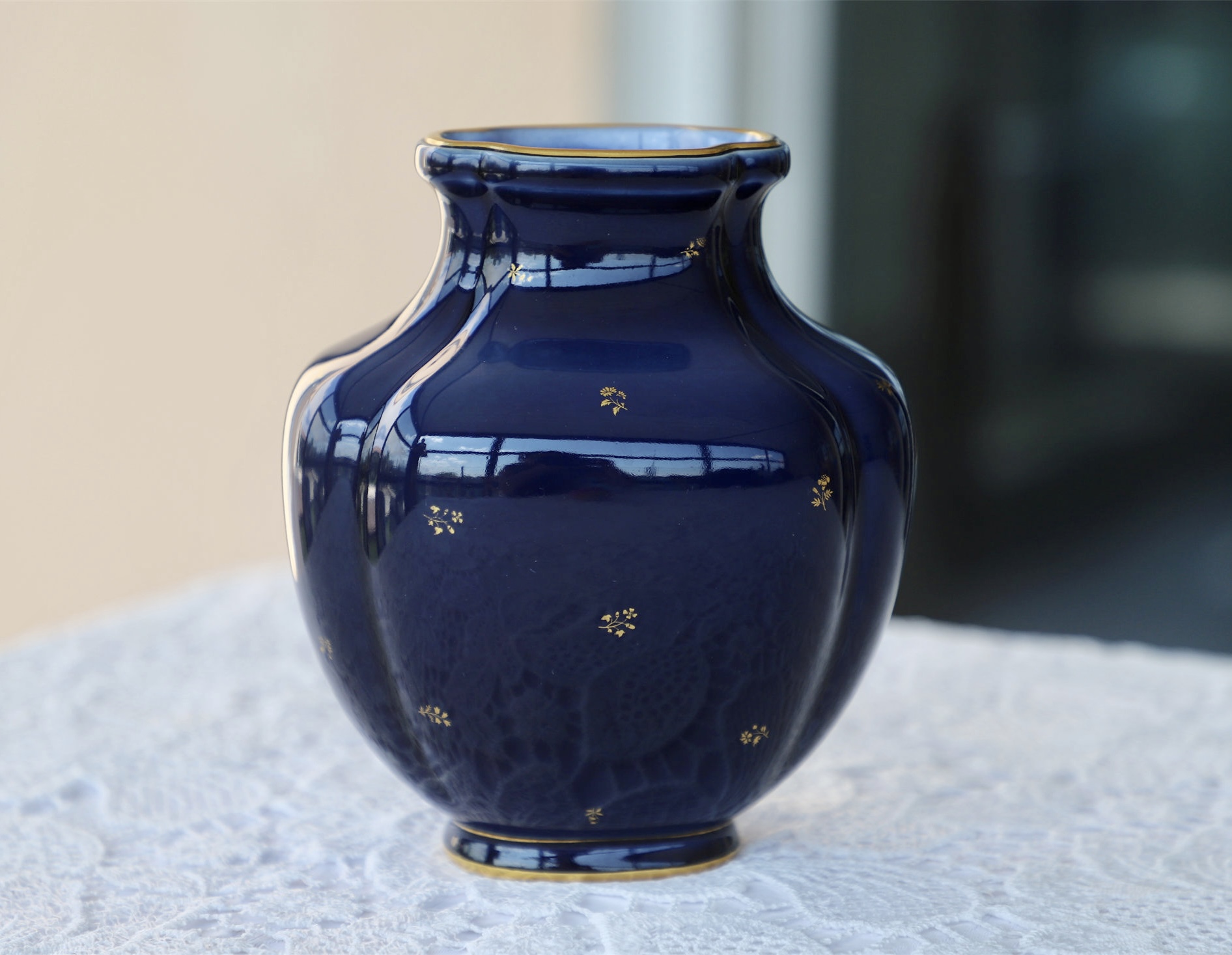 现货 中古法国御瓷塞弗尔sevres经典decoeur瓶形帝王蓝釉鎏金花瓶