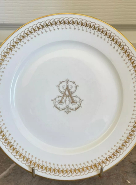 包邮 法国皇家瓷窑塞弗尔Sevres白瓷鎏金餐盘古董瓷器餐具