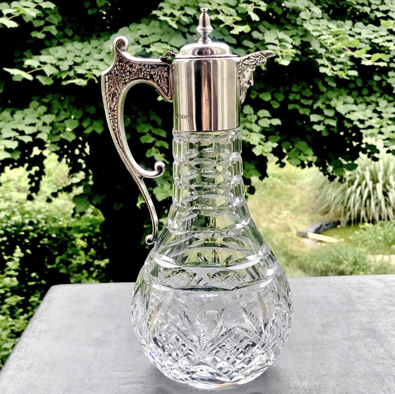 英国古董水晶镶纯银水壶/酒壶/醒酒器欧式复古雕花手工
