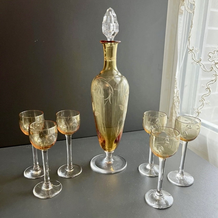法国Saint Louis圣路易水晶烈酒/白酒酒瓶酒杯法式新艺术古董酒具