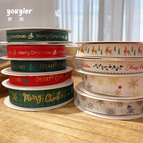 圣诞节烫金印花螺纹带细棉装饰带