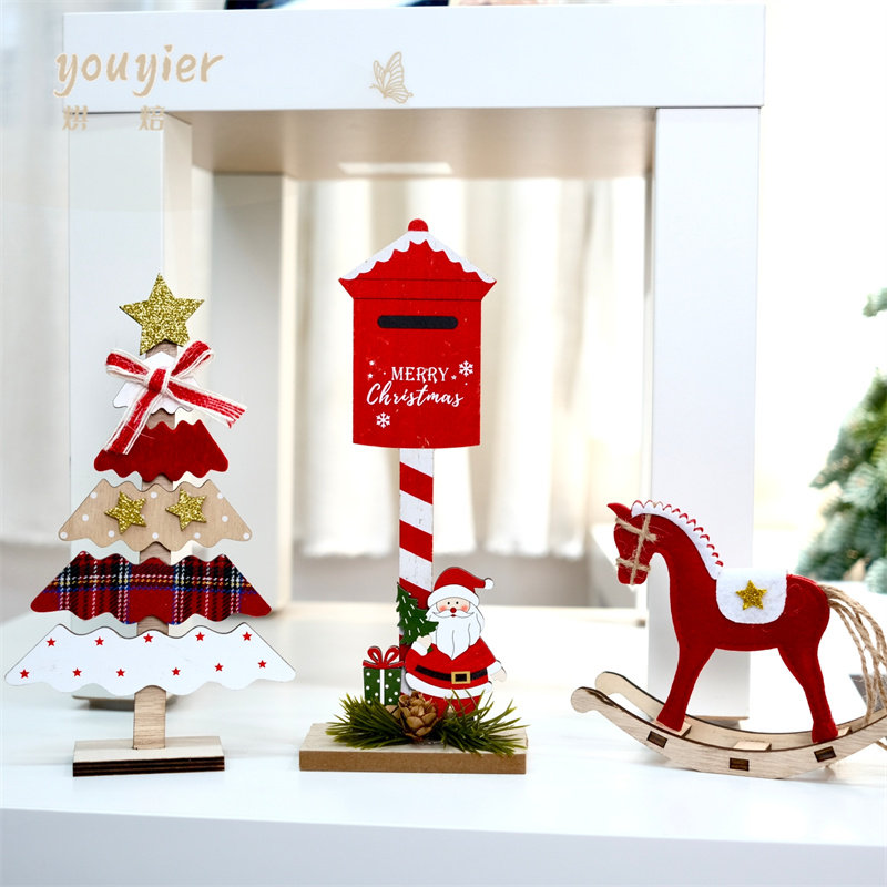 圣诞节装饰木质圣诞树小马摆件