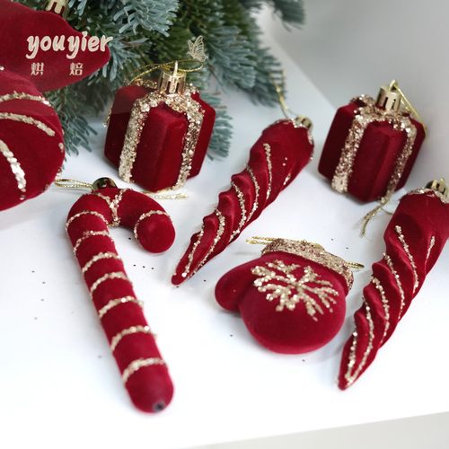 圣诞节装饰酒红植绒礼物拐杖挂件