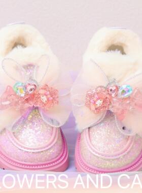 爱莎蓝冬季加绒加厚女童公主鞋保暖毛毛皮鞋雪地靴鞋儿童棉鞋2025