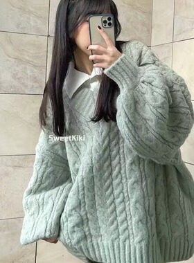 慵懒风复古加厚V领宽松灰色麻花毛衣女学生秋冬韩版百搭针织衫潮