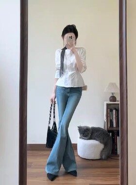 单件/2025春夏季新款法式感掐腰长袖白色衬衫高腰微喇牛仔裤