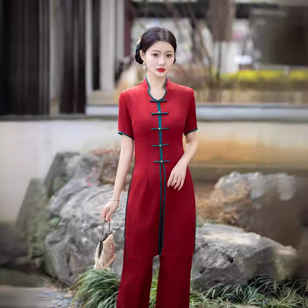 2024年新中式旗袍连衣裙两件套年轻款日常唐装茶服套装民国风