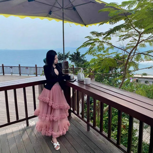 不规则多层蛋糕蓬蓬裙女春季 温柔风粉色网纱纱裙a字半身长裙 新款