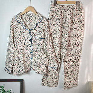 纯棉绉纱睡衣女春秋长袖薄款家居服碎花简约全棉套装