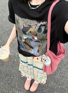 2026夏季新款圆领猫咪印花立体围巾休闲宽松开叉棉短袖T恤女