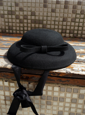 法式复古黑色蝴蝶结系带小盆帽女秋冬羊毛呢赫本日系写真礼帽毡帽